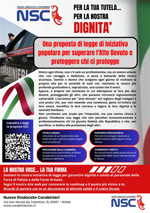 Proposta di legge per il superamento dell'Atto Dovuto e per la tutela del personale delle Forze di Polizia e delle Forze Armate