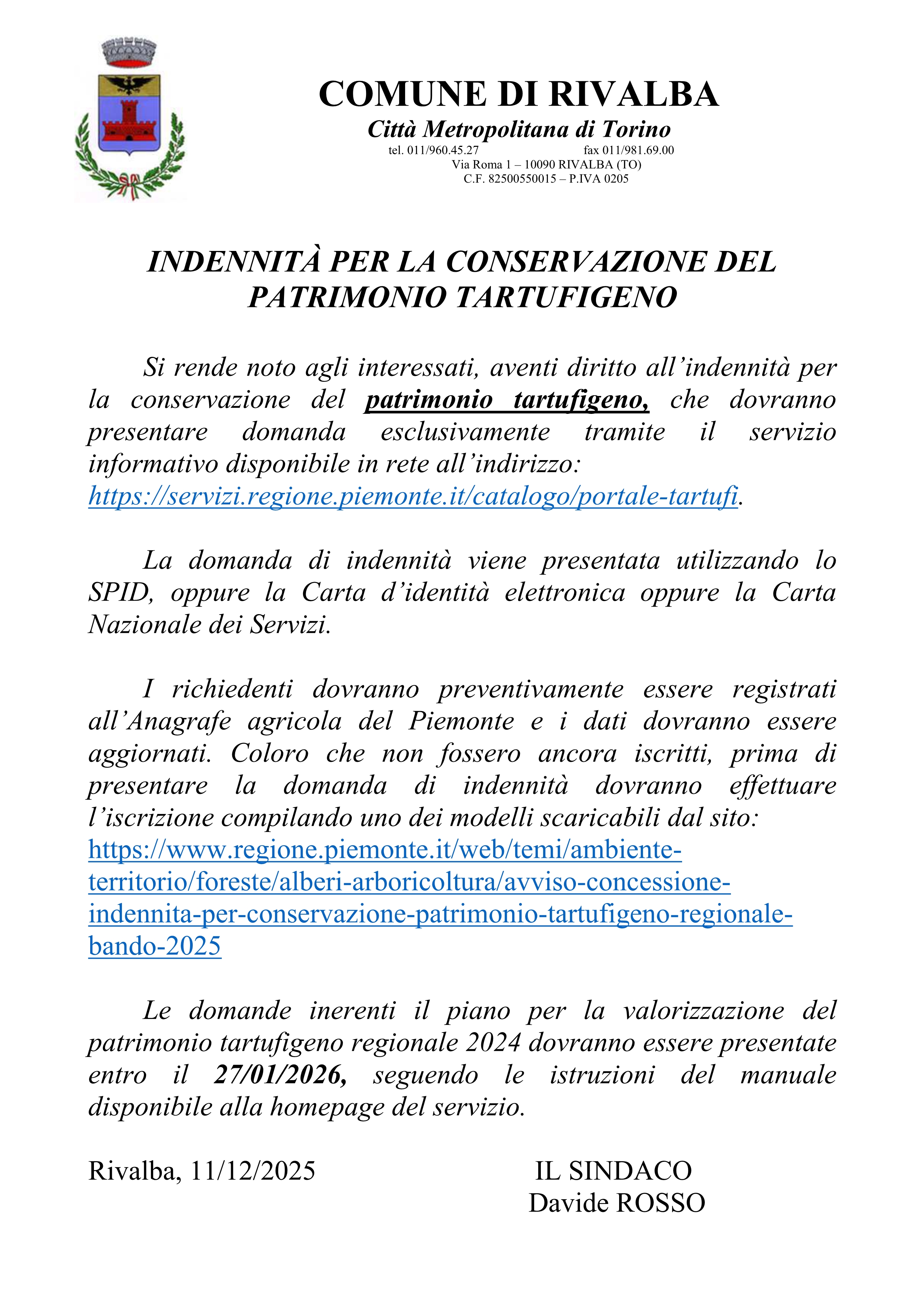 Indennità per la conservazione del patrimonio tartufigeno